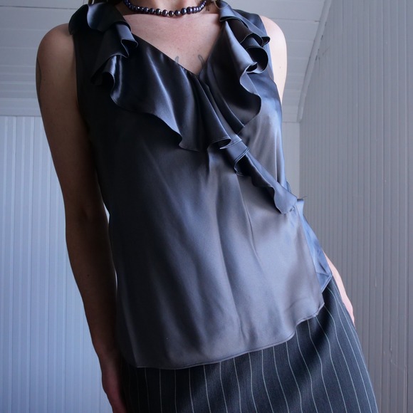Vintage Tops - Gorgeous 90s/y2k Lauren Ralph Lauren gunmetal grey silk ruffle wrap top